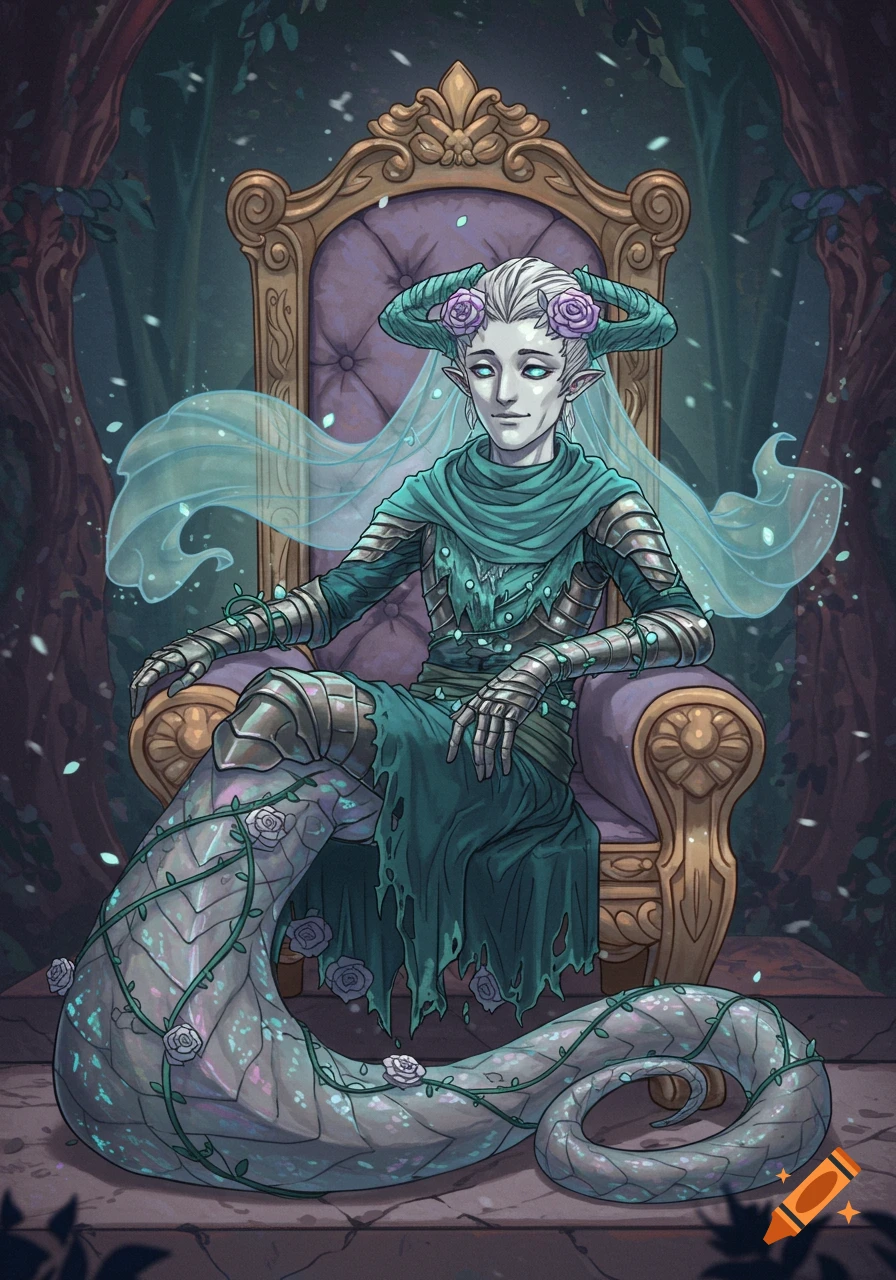 A fantasy character with white hair, horns, and a serpentine lower body sits on a golden throne in a dark forest.