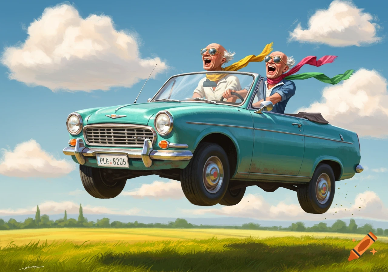 Two joyful old men in sunglasses laugh as they fly through the sky in a turquoise convertible car over a green field.
