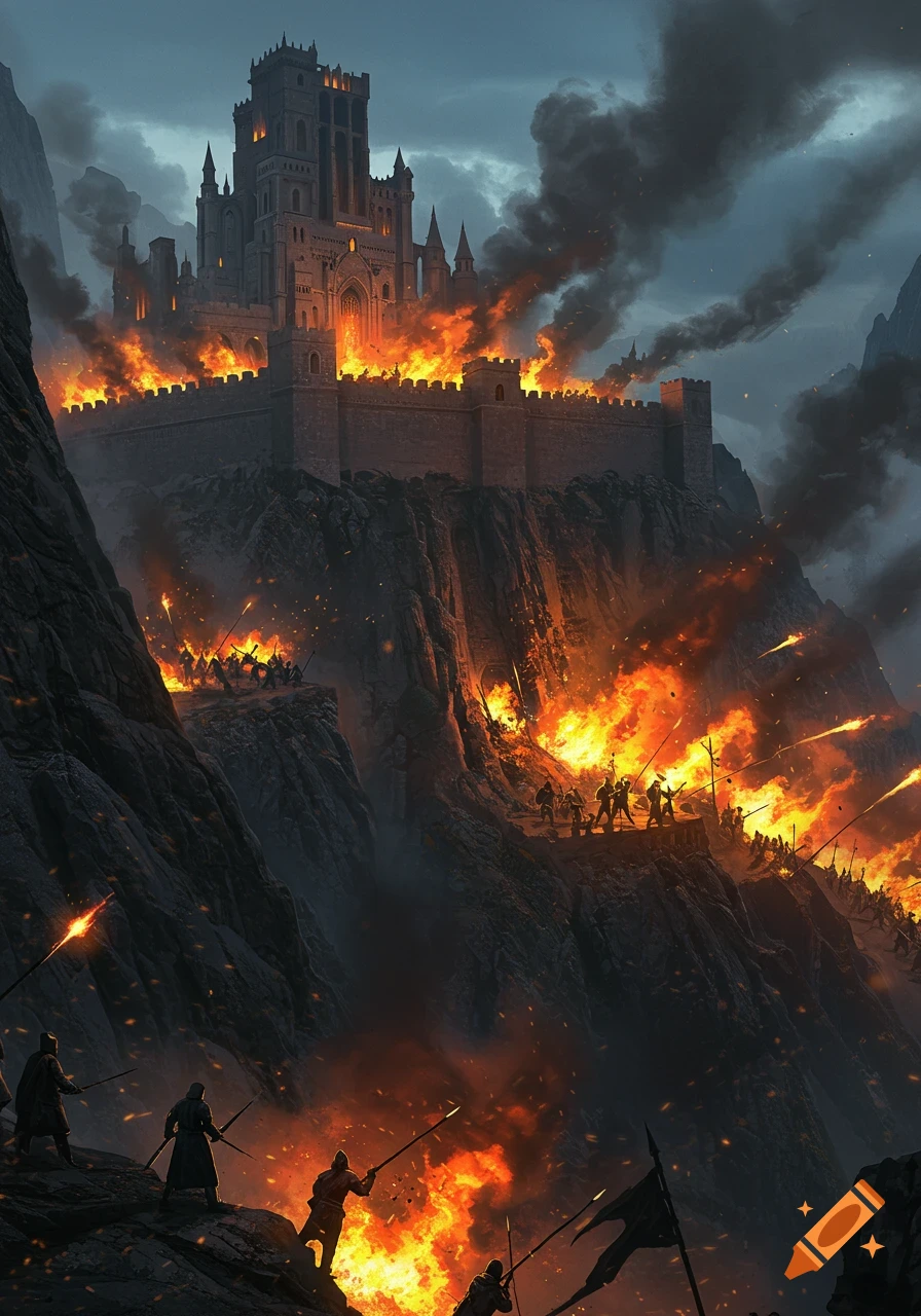 Dramatic fantasy painting of a medieval castle on a cliffside engulfed in flames, under siege by soldiers and fireballs.