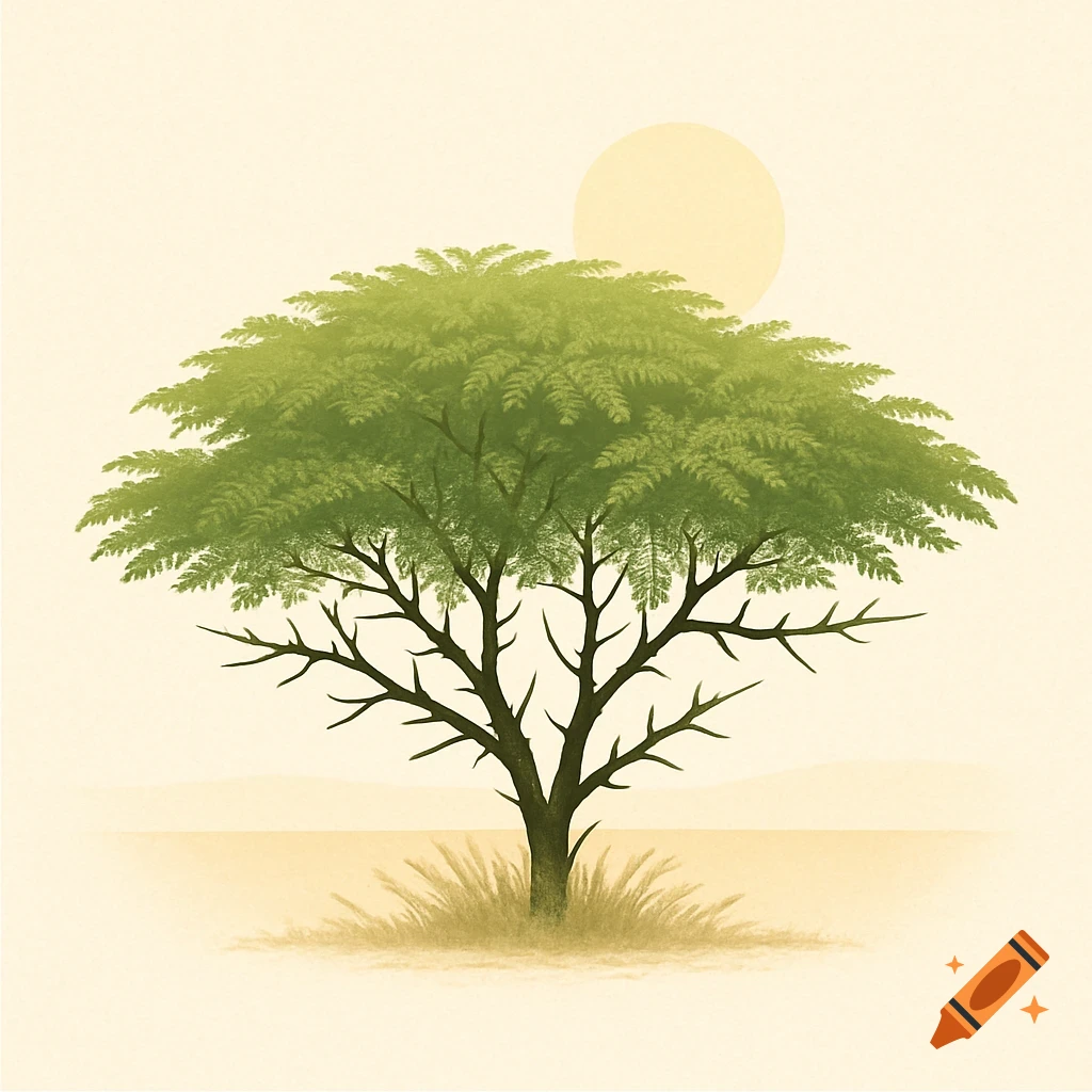 A stylized illustration of a green acacia tree under a pale sun in a desert landscape.