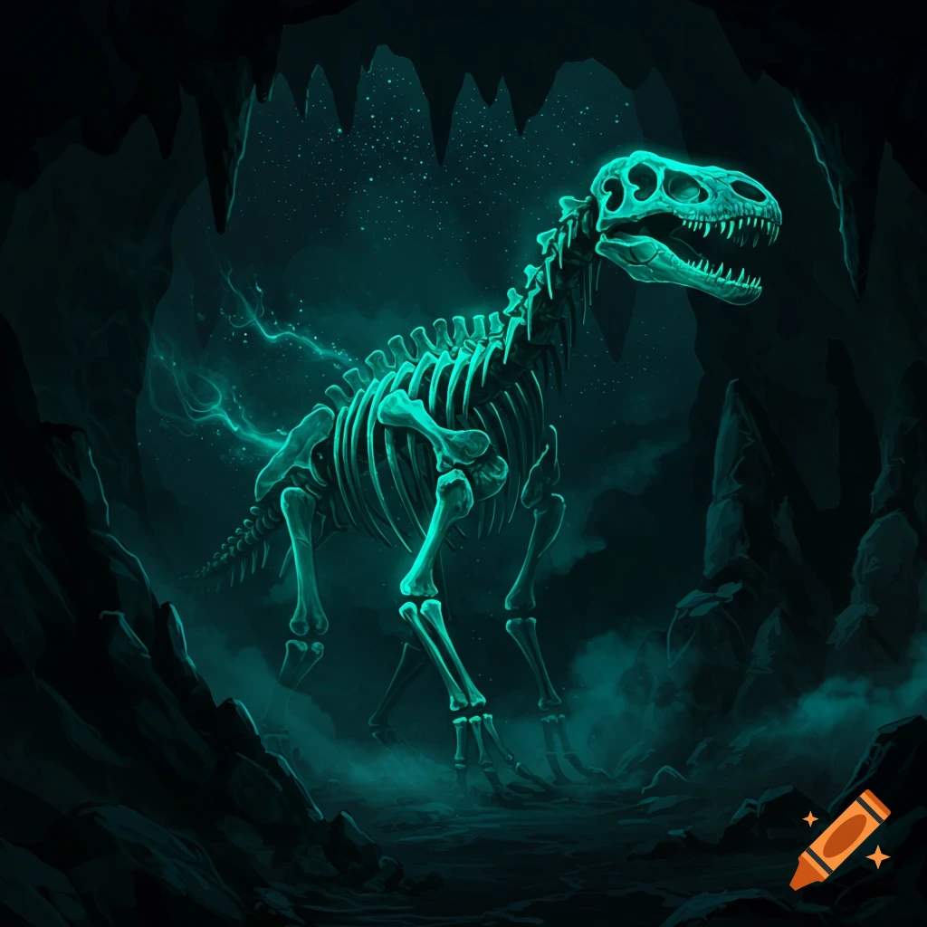 A glowing green and blue dinosaur skeleton stands in a dark, mysterious cave with a starry sky above.