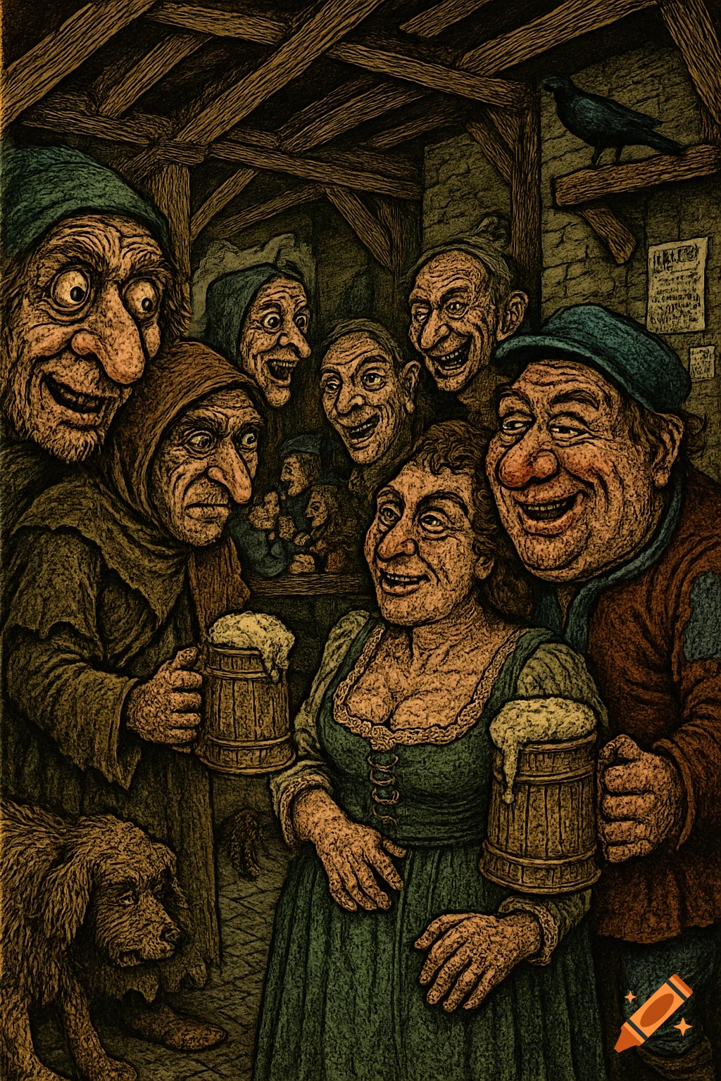An illustration of grotesque, caricatured people with exaggerated features laughing and drinking beer in a dimly lit, rustic tavern. A dog sits by their feet.