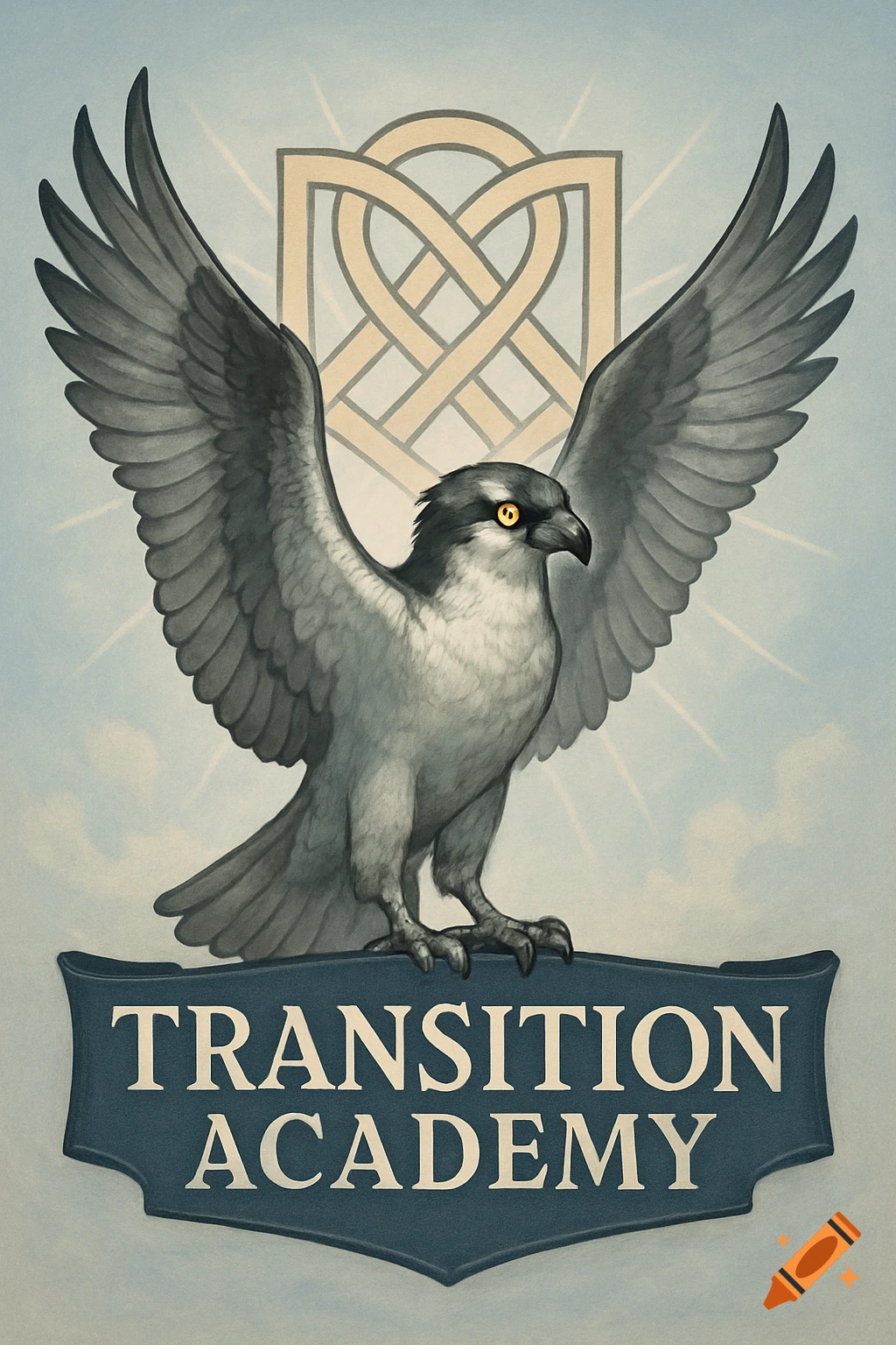 A detailed illustration of a grey and white osprey with spread wings standing on a banner that reads 'TRANSITION ACADEMY', with a stylized knot design and light rays behind it.