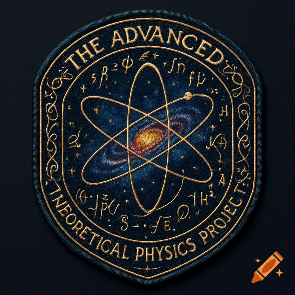 An embroidered shoulder patch featuring a gold atomic model over a galaxy, with 'THE ADVANCED THEORETICAL PHYSICS PROJECT' in gold text.