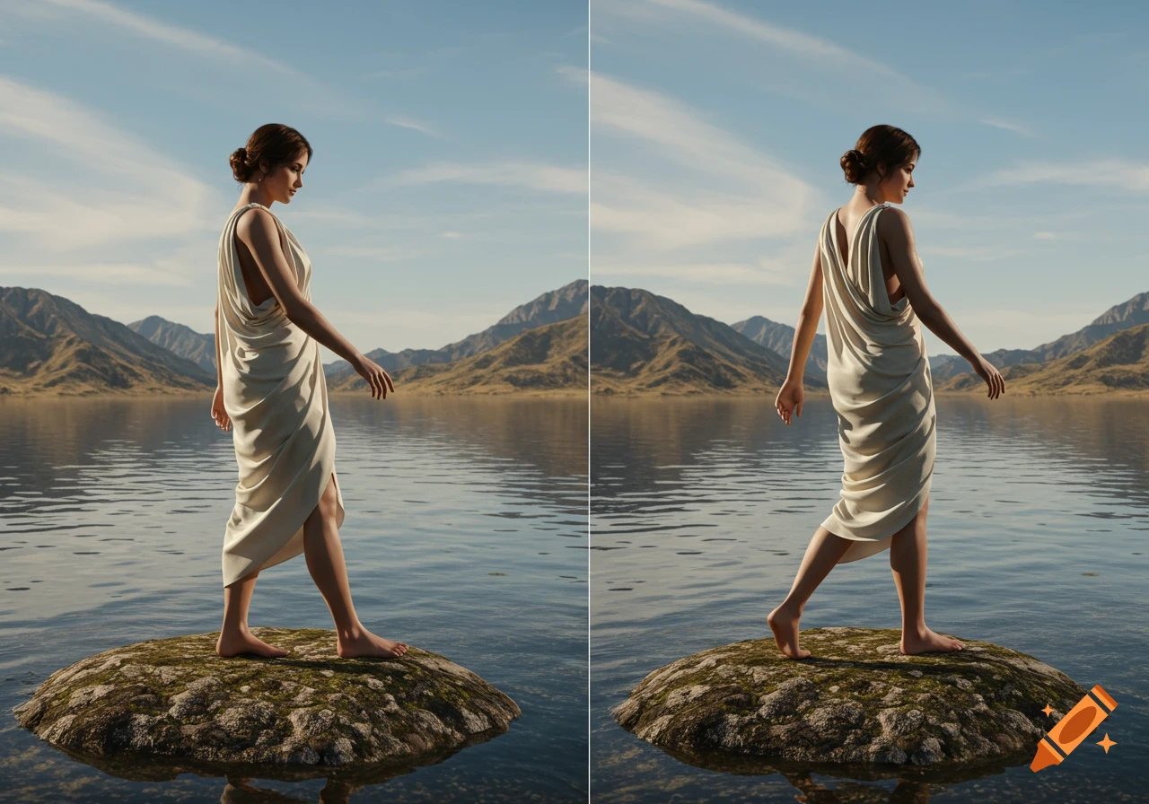 Photorealistic diptych of a woman in a white Grecian dress walking on a mossy rock in a mountain lake.