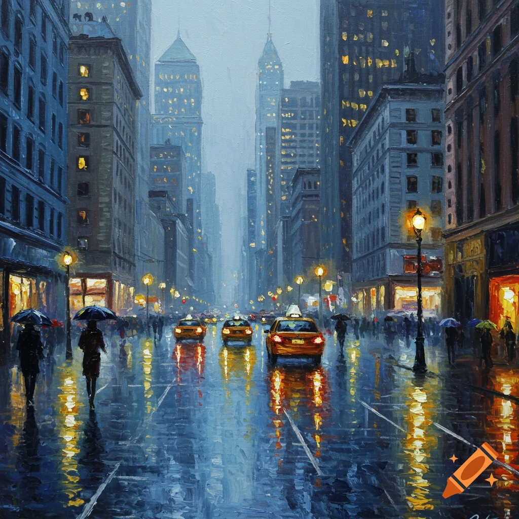 An oil painting of a rainy city street with yellow cabs, tall buildings, people with umbrellas, and reflections on the wet pavement.