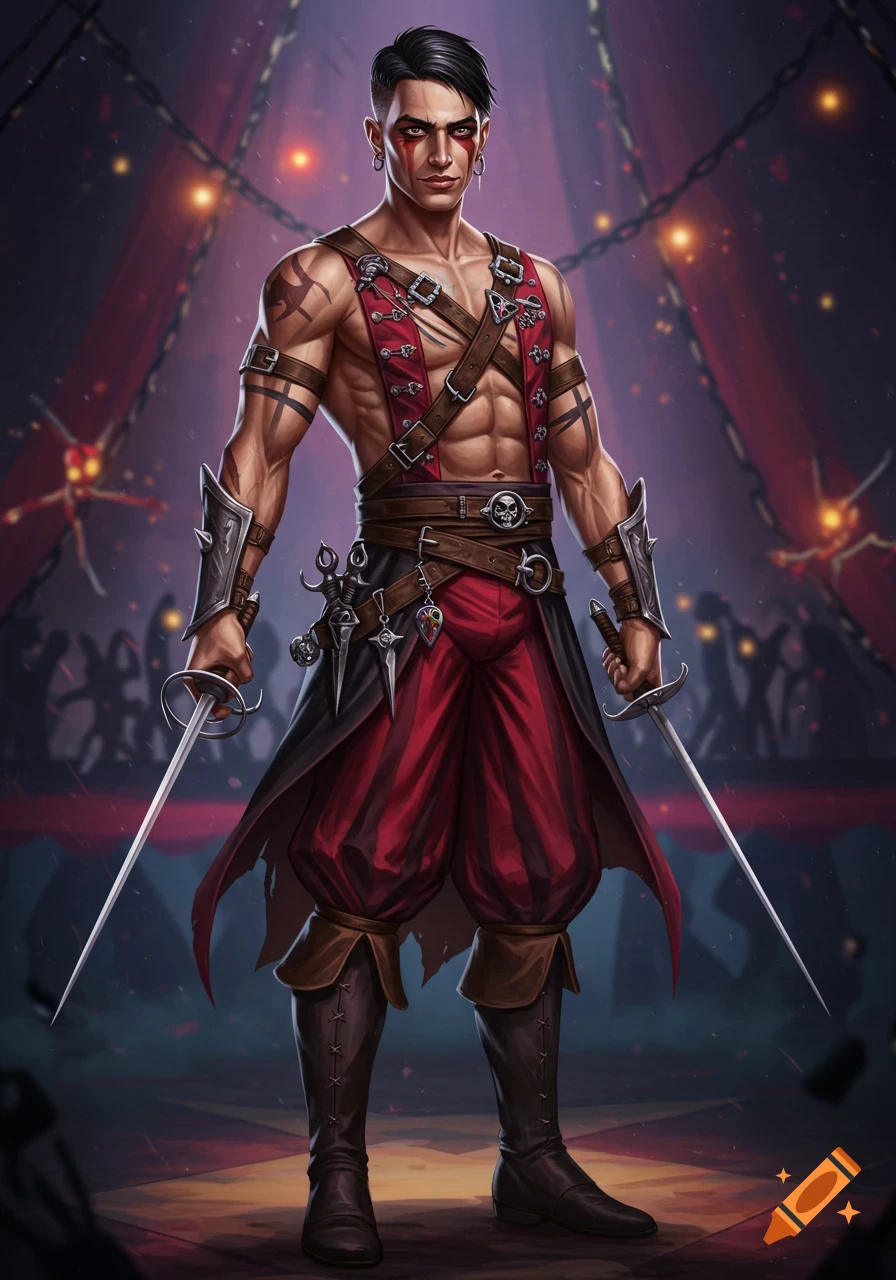 A muscular male circus performer with face paint and tattoos holds two rapiers in a dark circus tent.