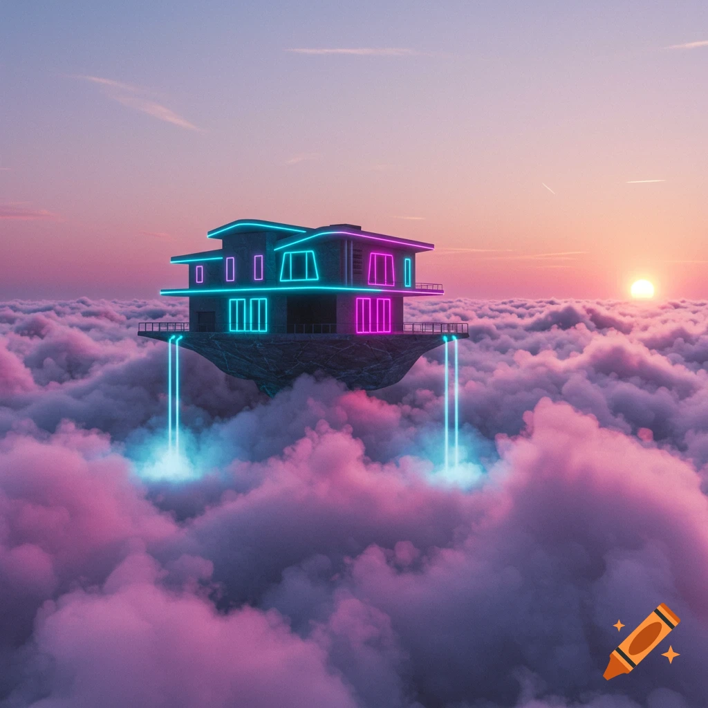 A futuristic house with teal and pink neon lights floats on an island above pink clouds, with light blue waterfalls, under a sunset sky.