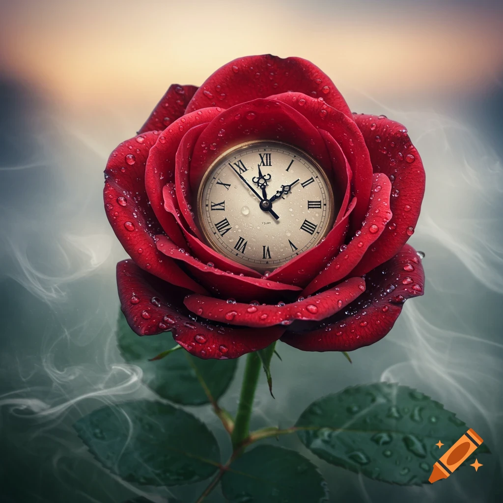 A close-up of a vibrant red rose with water droplets, featuring a vintage Roman numeral clock embedded in its center, set against a soft, misty background.