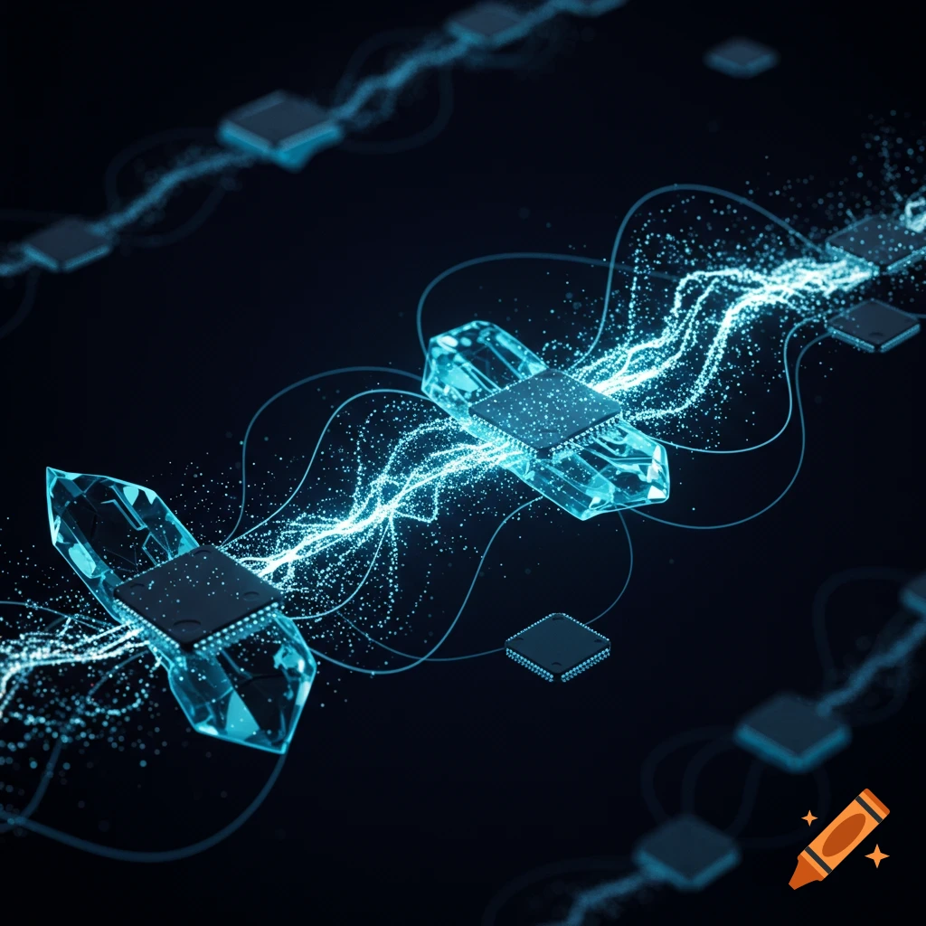 Glowing blue data streams connect crystal computer chips on a dark background in a digital art style.