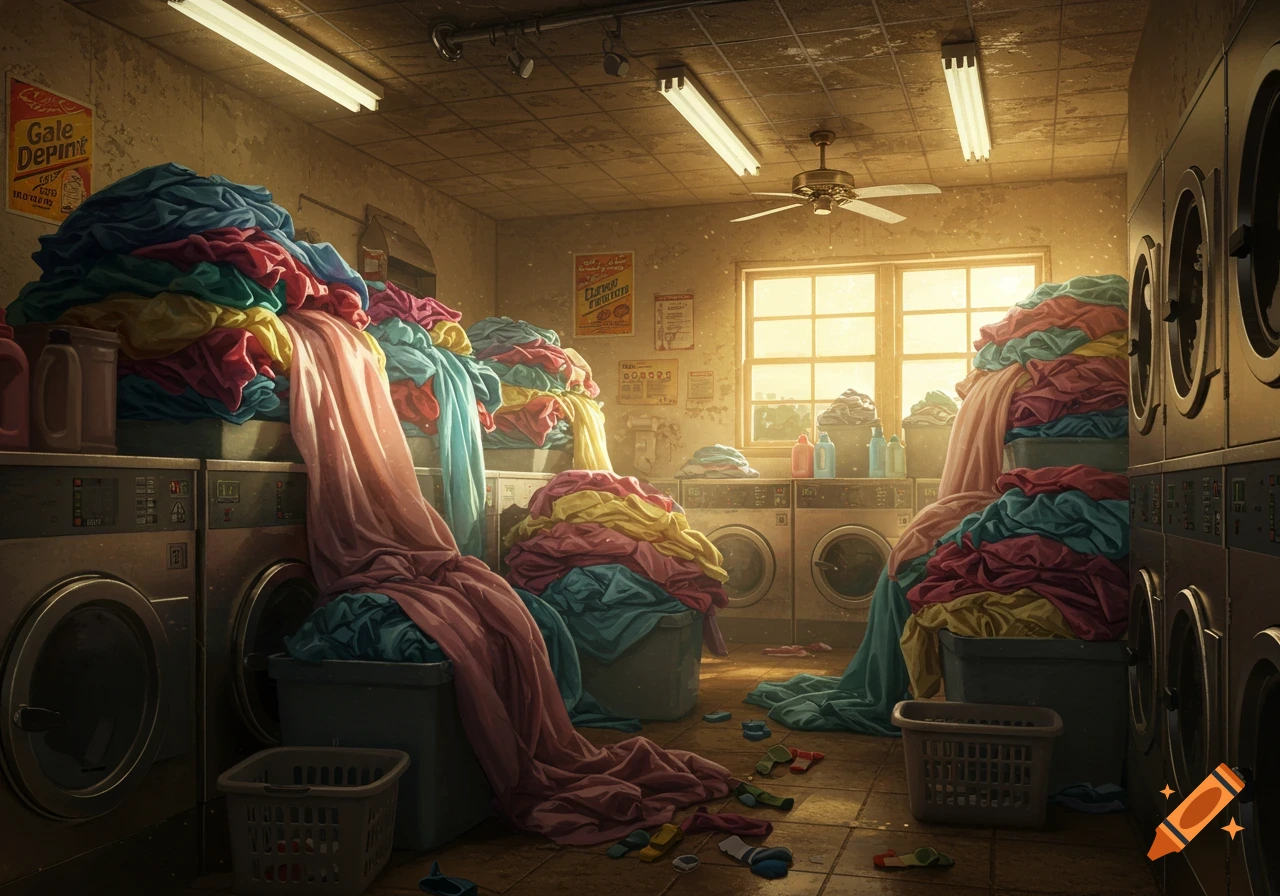 A messy laundry room with huge piles of colorful clothes spilling out of laundry baskets and washing machines under bright fluorescent lights.