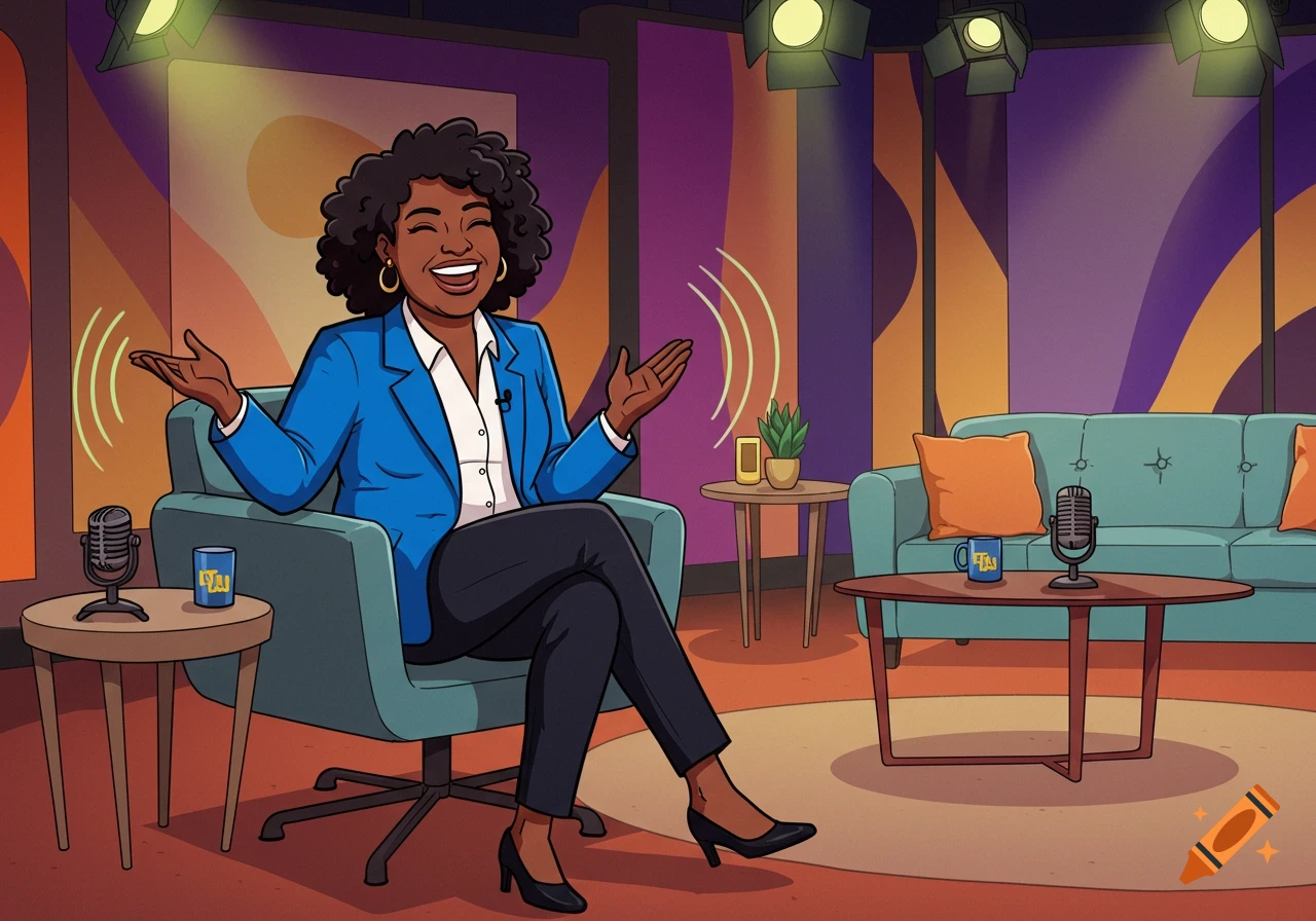 A cartoon black woman talk show host smiles and gestures, sitting in a chair in a colorful TV studio with microphones and a sofa.