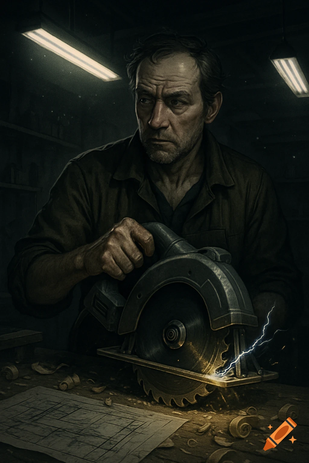 A man intently operates a circular saw in a dark workshop, sparks flying. A blueprint and wood shavings are on the table.