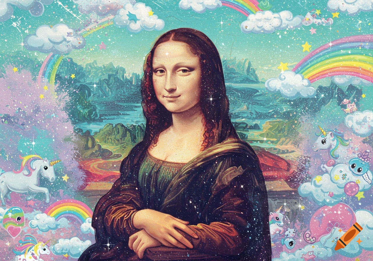 Mona Lisa depicted in a vibrant Lisa Frank style, surrounded by rainbows, clouds, sparkling stars, and unicorns.