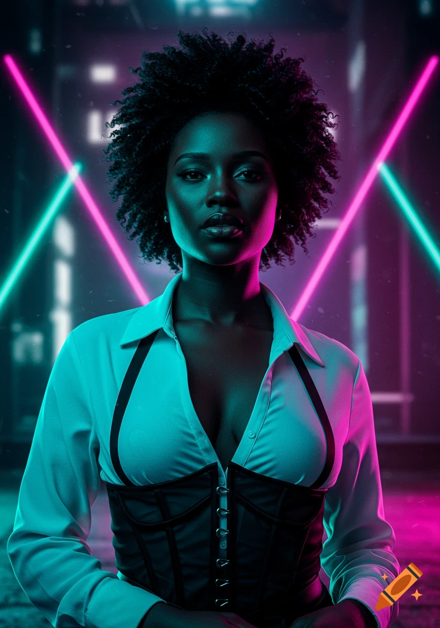 A Black woman with curly hair in a white shirt and black corset, illuminated by pink and teal neon lights.