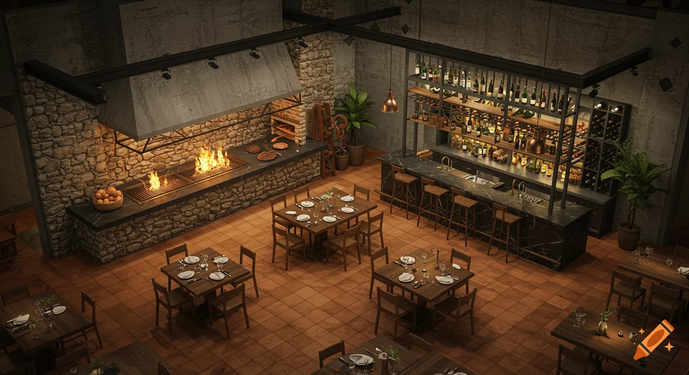 A high-angle, photorealistic view of a modern restaurant interior featuring an open-flame grill, a black marble bar, and wooden dining tables.