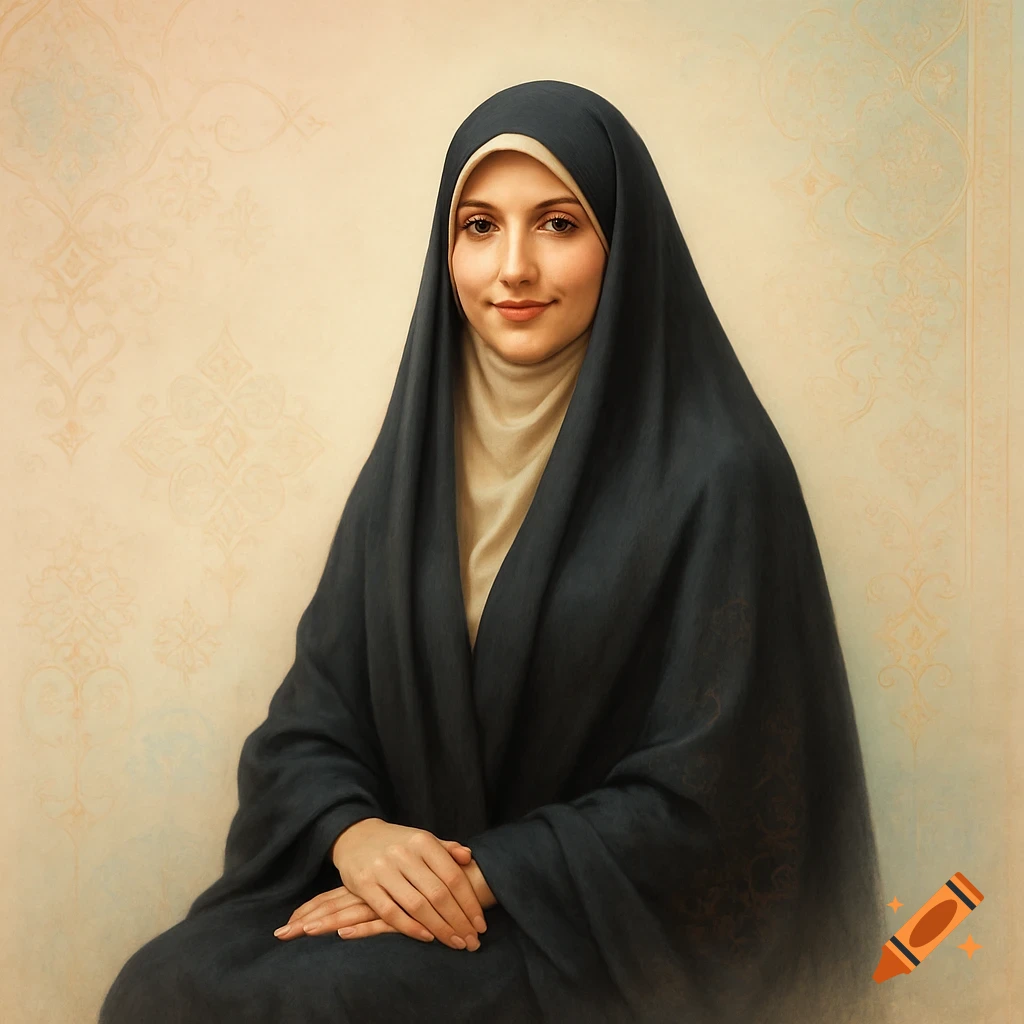 An elegant young Iranian woman in a black chador and beige under-scarf, seated with a soft smile against a patterned light background.