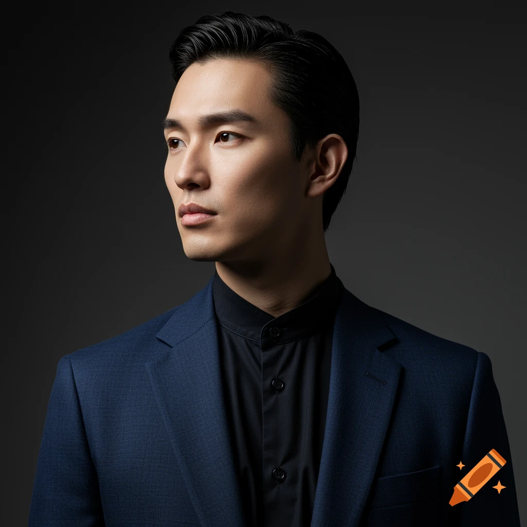 A man in a dark blue suit and black mandarin collar shirt looks left in a studio portrait against a dark background.