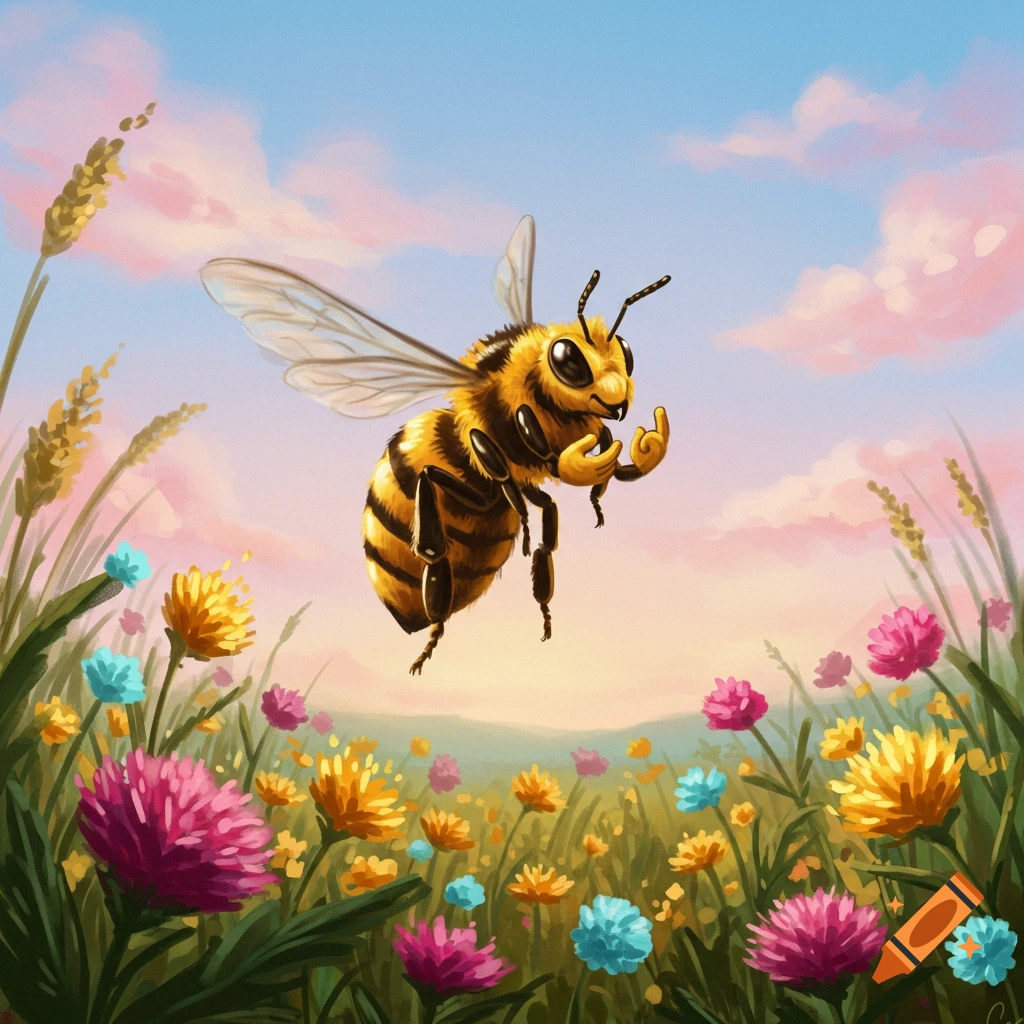 A cartoon bee with large eyes making an Italian hand gesture, flying over a vibrant meadow of colorful flowers under a pink and blue sky.