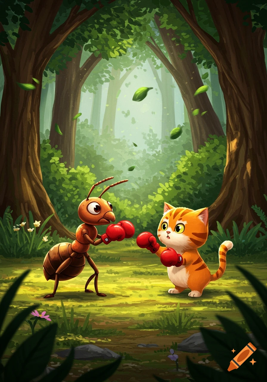 Cartoon ant and orange kitten wearing red boxing gloves in a forest clearing, facing each other.