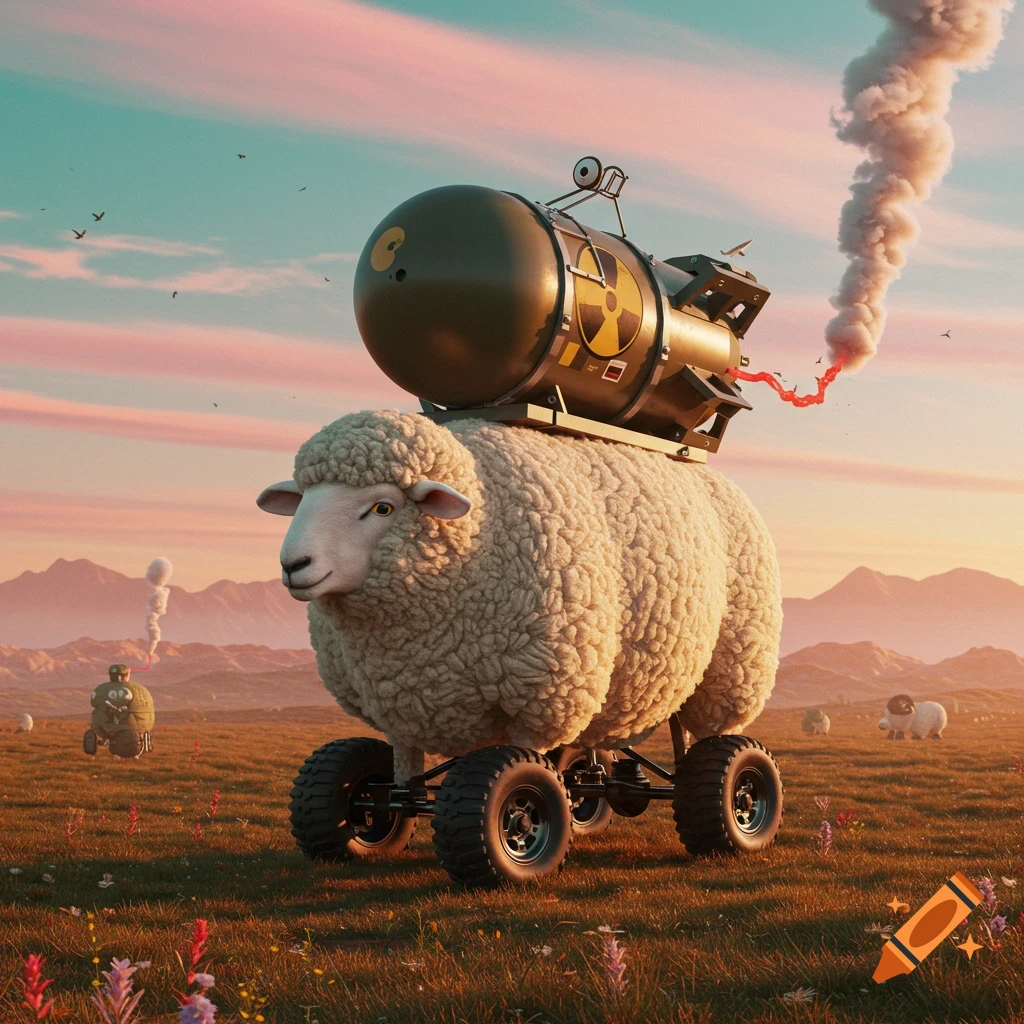 A fluffy white sheep on large black wheels carries a stylized nuclear bomb with a radiation symbol across a grassy field at sunset.