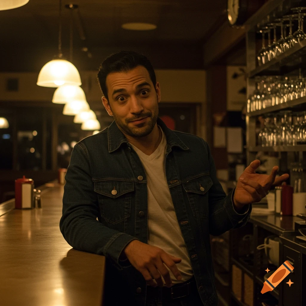 A man in a denim jacket leans on a counter in a dimly lit diner, looking towards the camera with a slight smile and raised eyebrows, his hand gesturing.