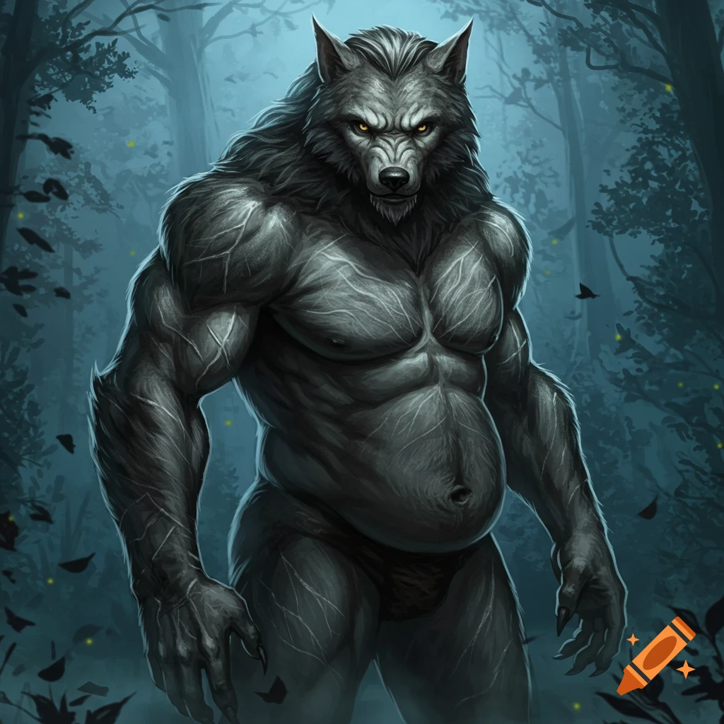 A muscular gray werewolf with glowing yellow eyes stands in a dark, misty forest at night.