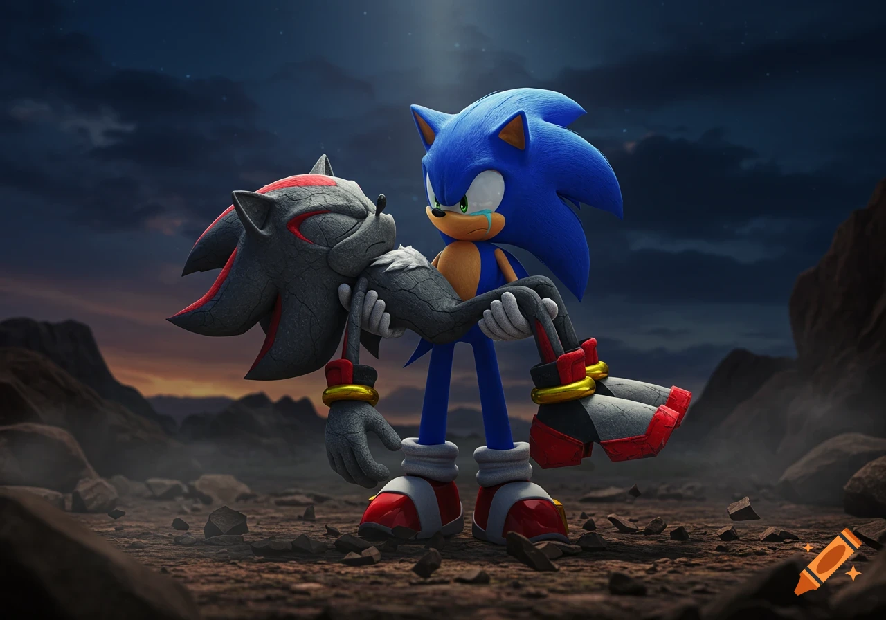 Sonic the Hedgehog holds a stone-textured Shadow the Hedgehog in a desolate landscape with a dark sky.