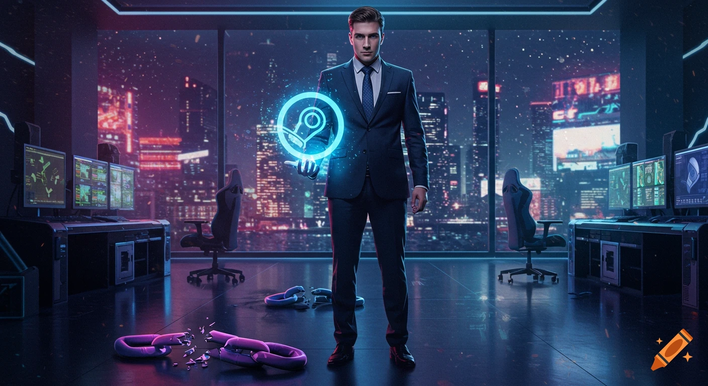 A confident businessman holding a glowing blue Steam logo in a futuristic gaming studio overlooking a neon-lit cityscape, with a broken chain on the floor. Photorealistic style.