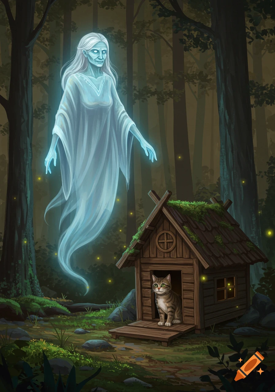 An ethereal crone ghost floats above a small wooden house with a tabby cat sitting in the doorway, in a magical forest.
