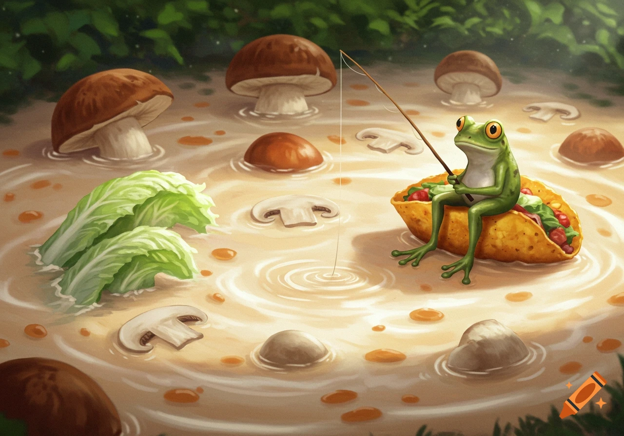 A whimsical illustration of a green frog fishing from a taco boat in a lake of mushroom soup with floating mushrooms and lettuce.