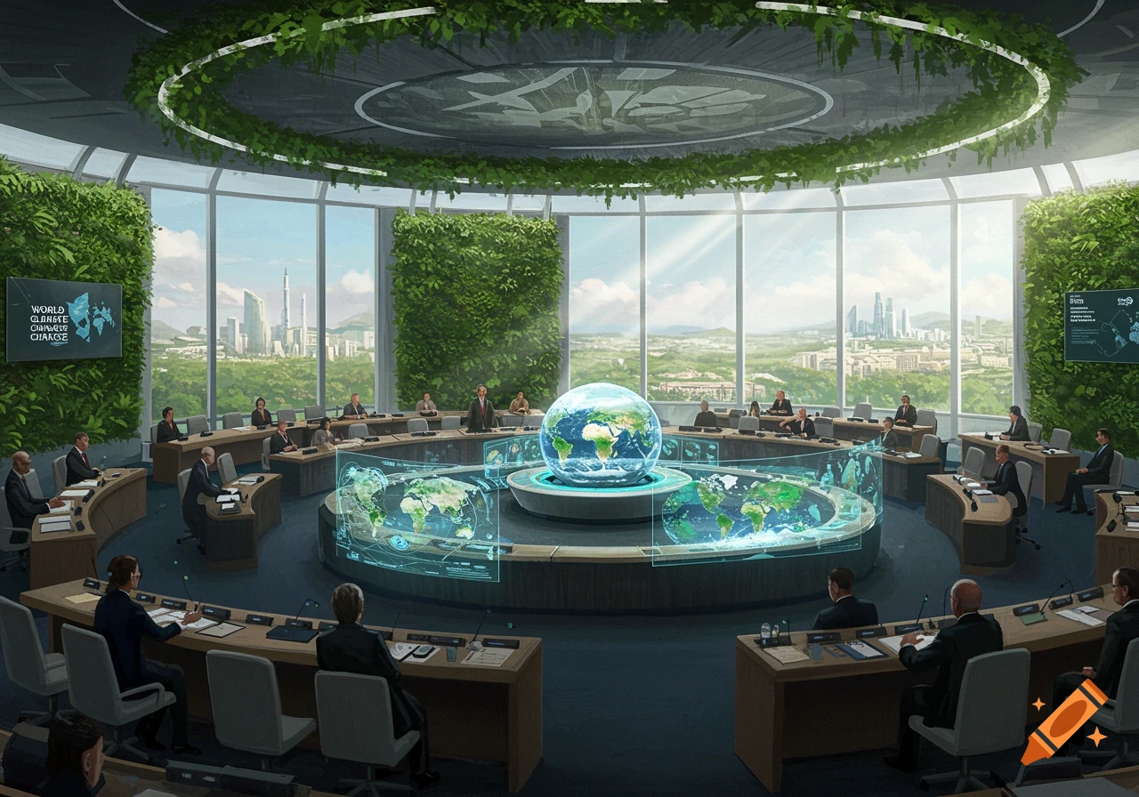 A futuristic round conference room with large windows overlooking a city, featuring a central globe hologram and attendees seated around a table.