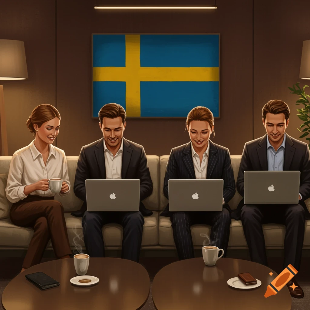 Four professionals on a sofa in a modern office lounge, working on laptops with coffee cups. Swedish flag in background, realistic style.