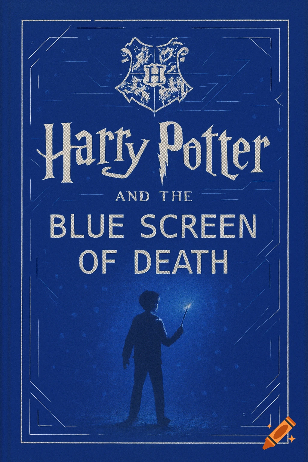 A blue book cover for 'Harry Potter and the Blue Screen of Death', featuring a silhouette of a child holding a glowing wand and a crest at the top.
