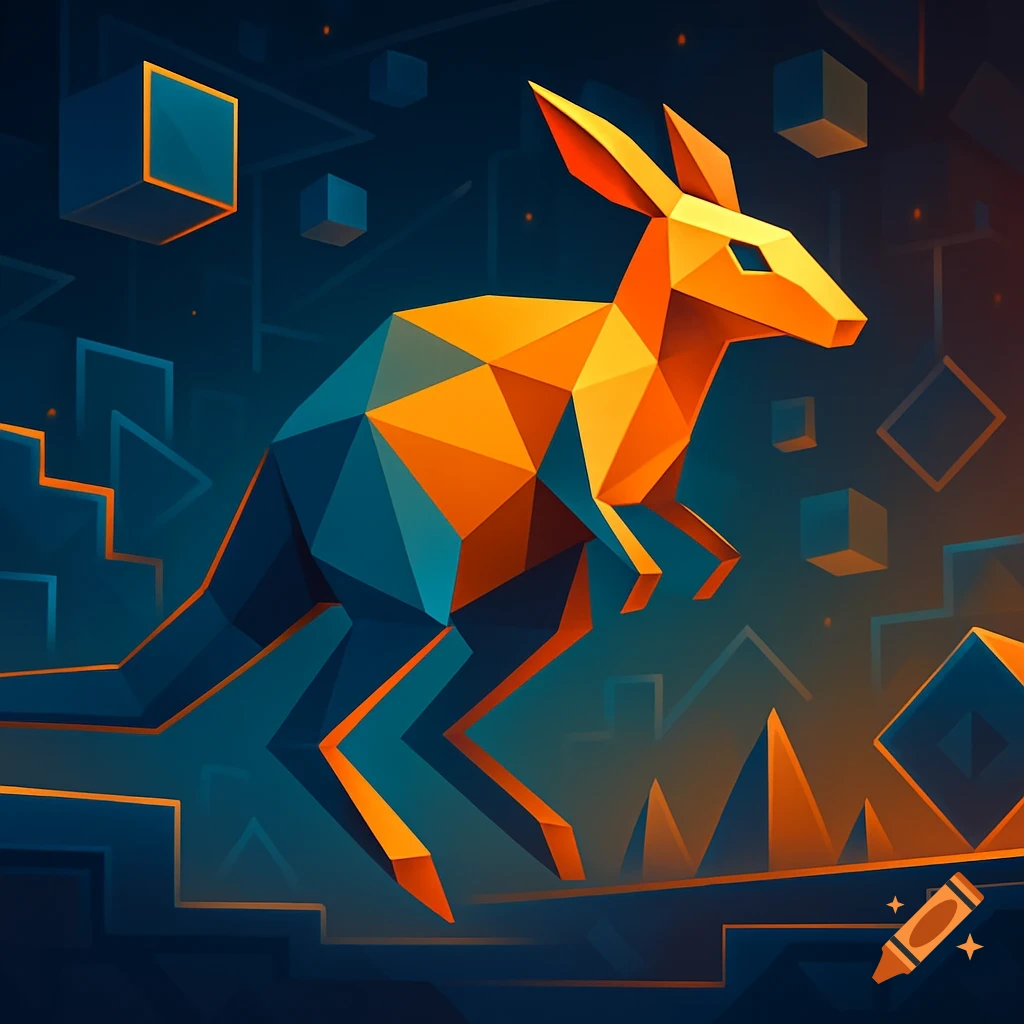 A geometric, low-poly kangaroo in orange and blue, jumping amidst abstract cubes and lines against a dark background.