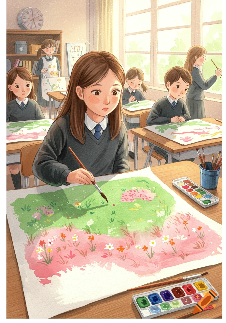 A young girl in school uniform paints pink grass on paper in a whimsical watercolor classroom with other students.