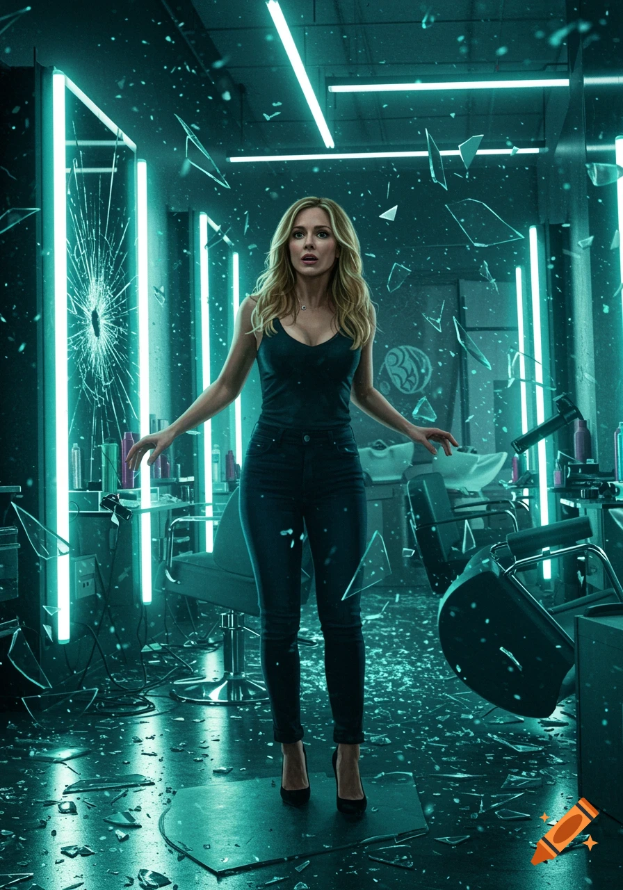 A terrified blonde woman stands amidst a chaotic, neon-lit salon with glass shattering around her.