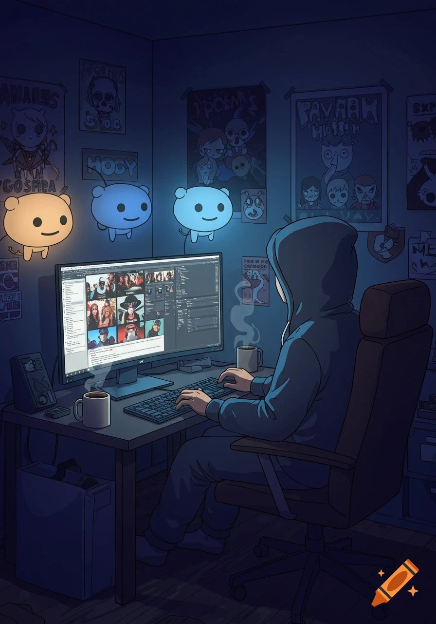 A hooded person sits at a desk in a dark room, illuminated by a computer monitor showing multiple video calls and three glowing, cute cartoon creatures floating nearby. Posters with illegible text adorn the wall.