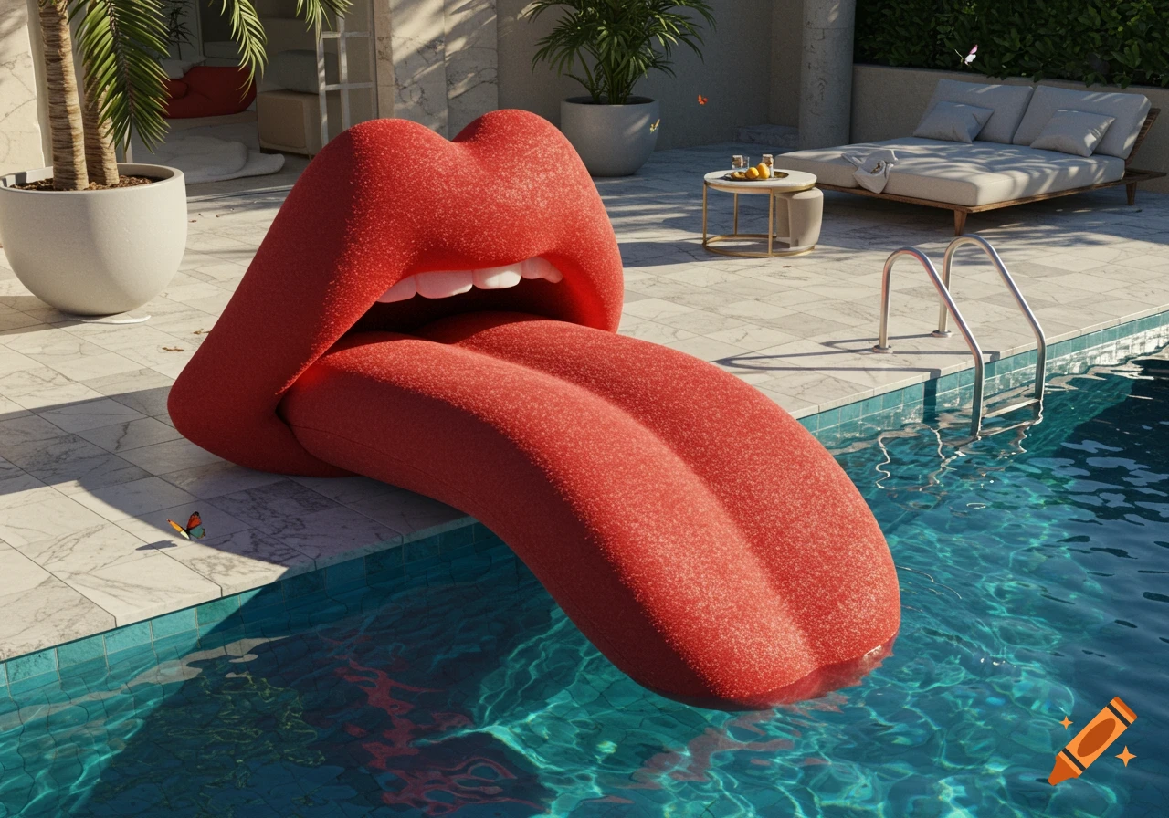 A giant red velvet tongue sculpture extends into a swimming pool next to a luxurious patio and lounge area, photorealistic.