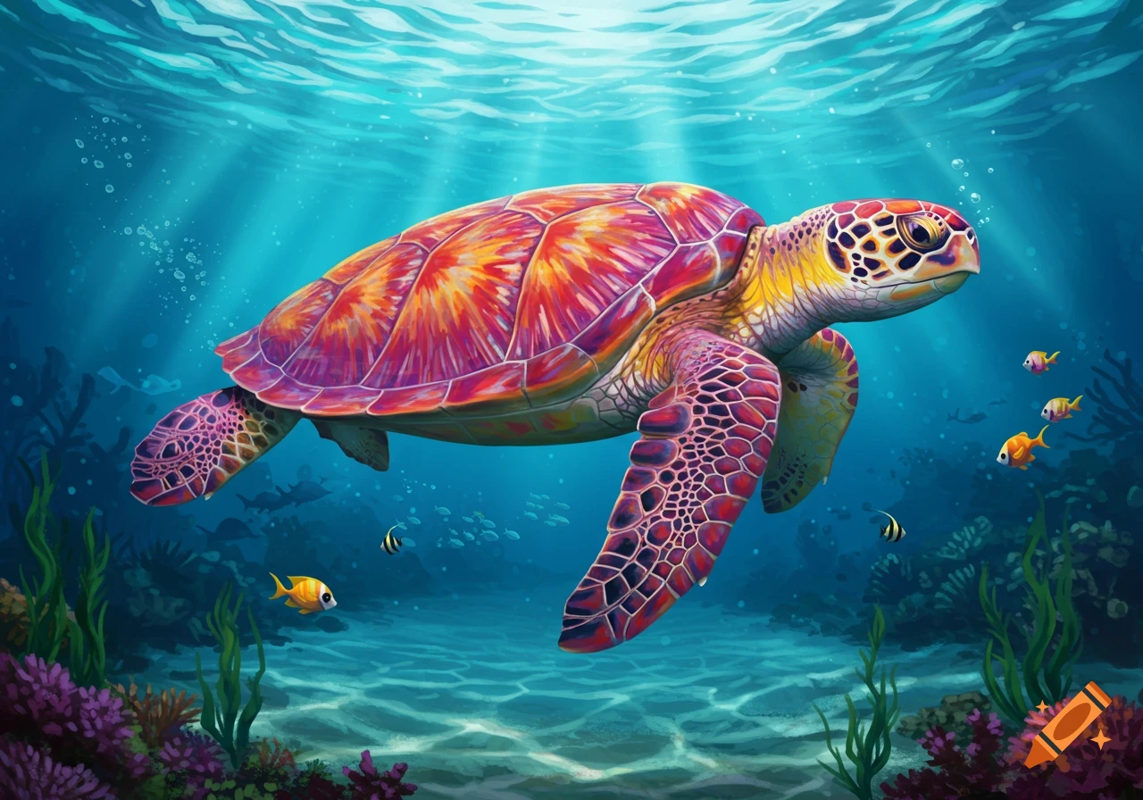 A vibrant sea turtle with a red, orange, and purple shell swims in a blue ocean with sun rays, coral, and small fish.