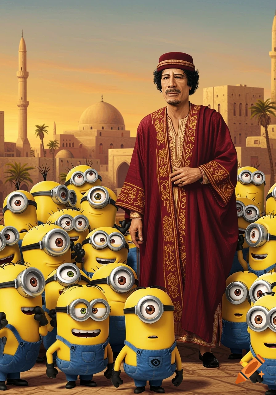 Moammar Gaddafi in traditional robes stands with a crowd of Minions in a desert city at sunset.