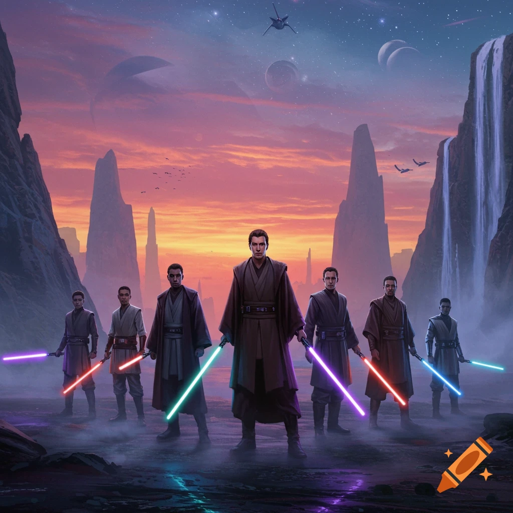 A group of male figures resembling Jedi knights in robes holding lightsabers stand on a misty alien planet at sunset.