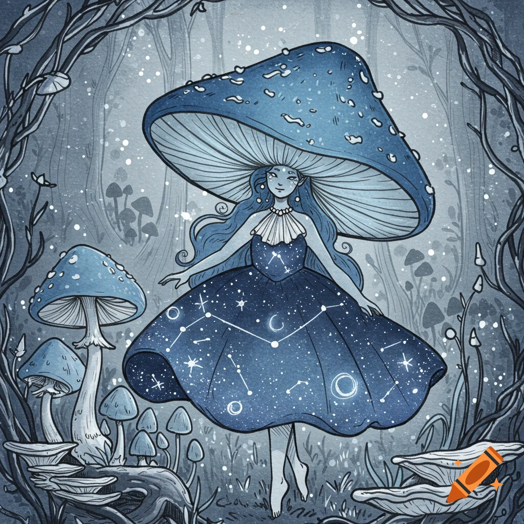 An illustrated mushroom person with a large blue cap and a starry dress floats in a magical, blue-toned forest.