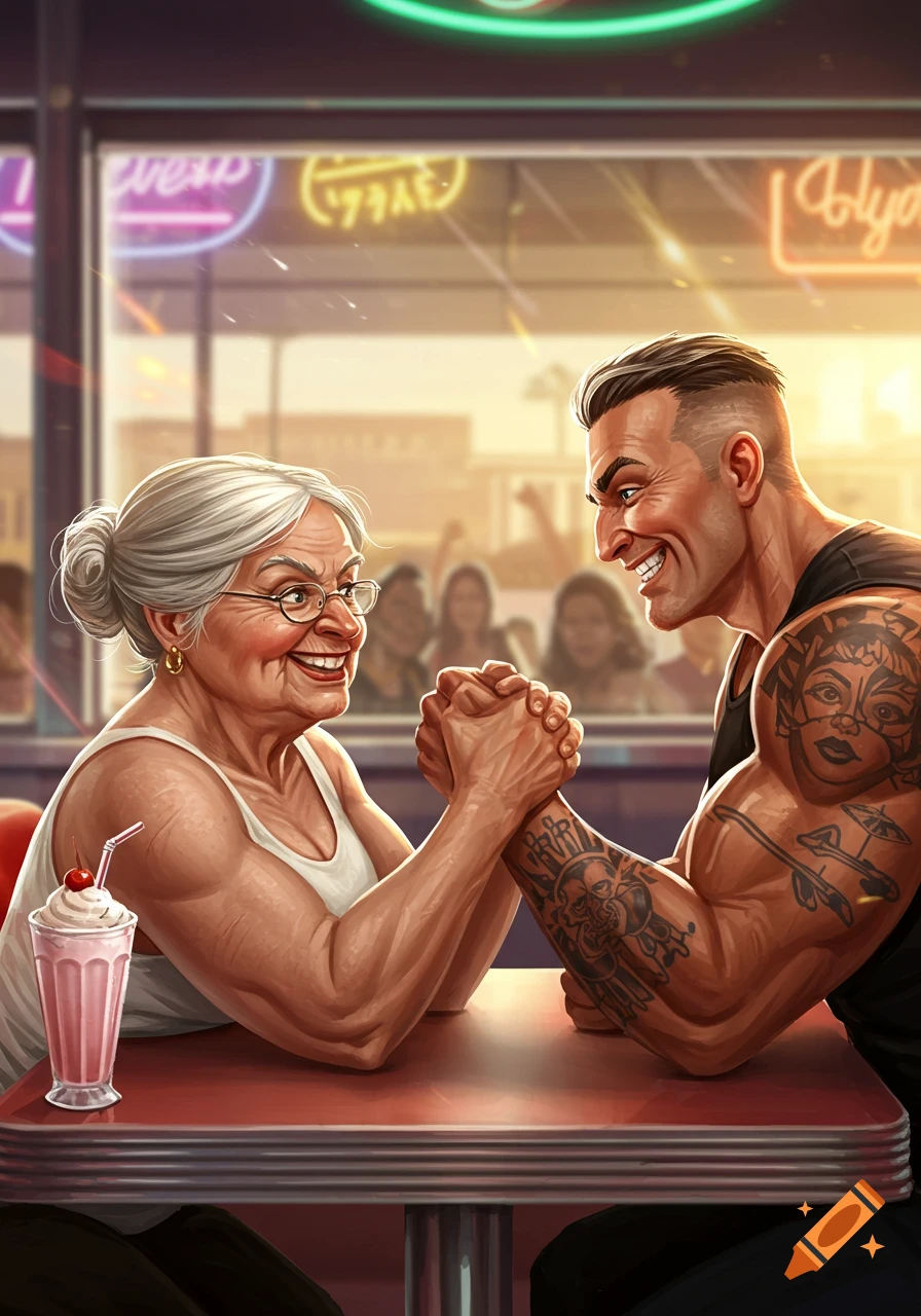 An elderly woman and a muscular man arm wrestling on a red table in a retro diner, in an illustrative style.