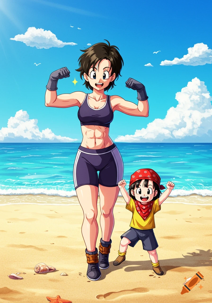 Anime illustration of Videl flexing her biceps while standing next to her daughter Pan on a sunny beach.