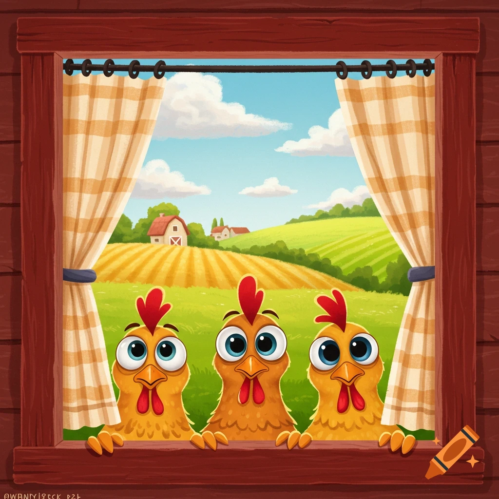 Three cartoon chickens peek out a rustic wooden barn window, looking at a sunny farm landscape with fields and a red barn.