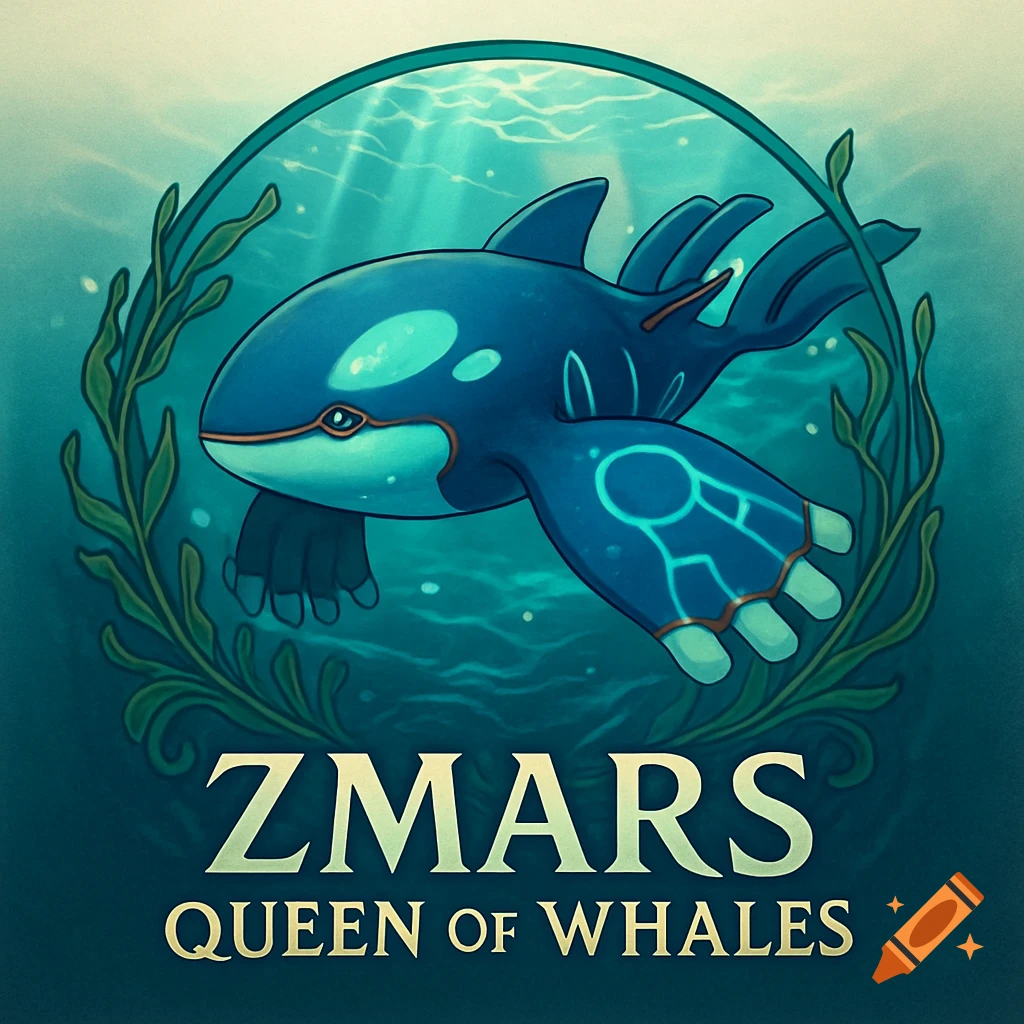 A blue whale-like creature (Kyogre) in a circular underwater logo with seaweed and "ZMARS QUEEN OF WHALES" text.