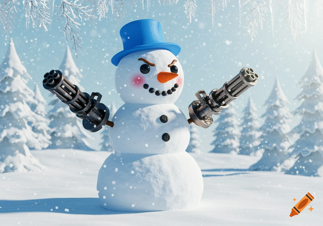 A cartoon snowman with a blue hat, carrot nose, and rosy cheeks stands in a snowy forest, holding two miniguns.