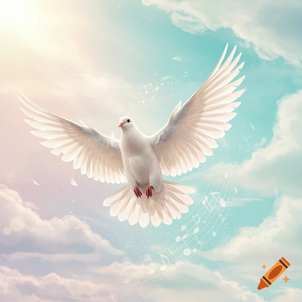A majestic white dove flies with outstretched wings through a bright, cloudy sky with subtle musical notes.