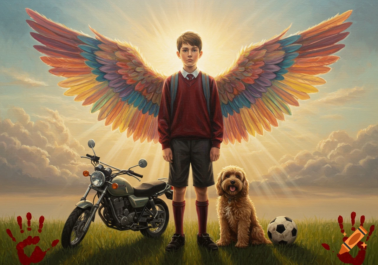 Oil painting of a boy with colorful angel wings standing in a field with a motorbike, dog, and soccer ball, backlit by a bright sky. Red handprints are on the ground.